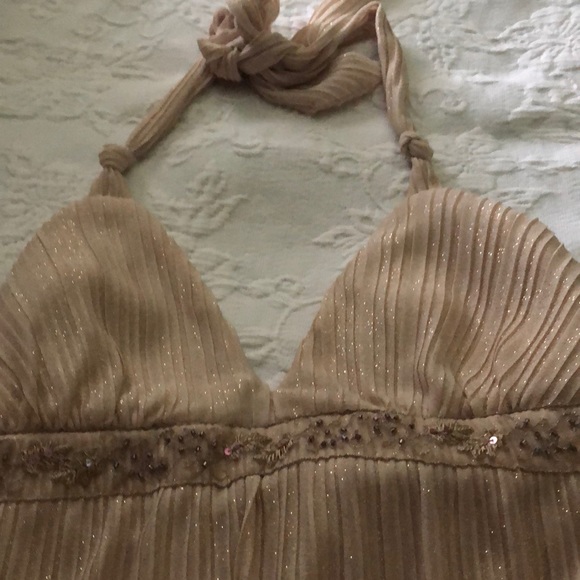 Juniors Gold glittering halter dress w/jewel lace - Picture 2 of 7